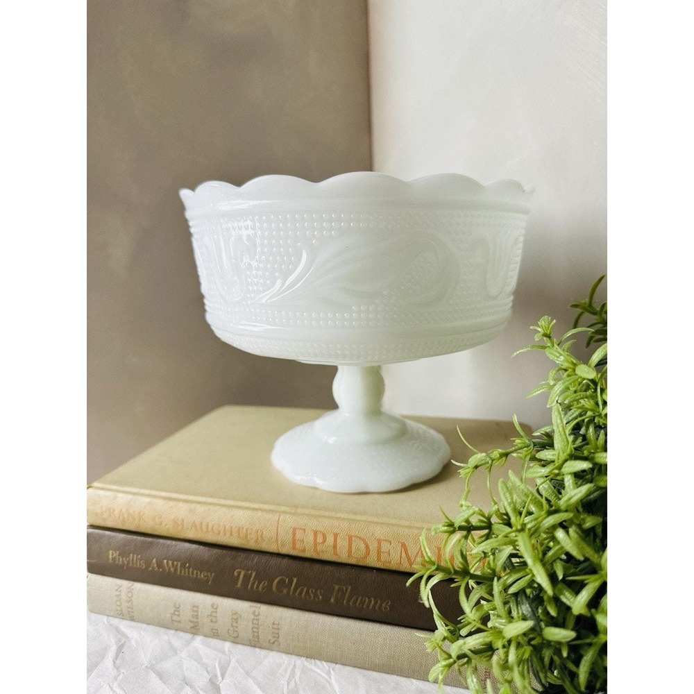 Vtg Milk Glass Pedestal Bowl Classic White Footed Decor